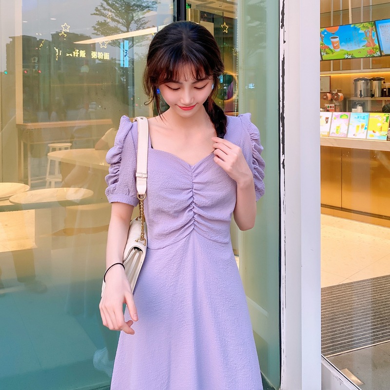 Retro dress women's mid long fairy skirt super fairy care machine bubble sleeve slim Collar Chiffon Skirt