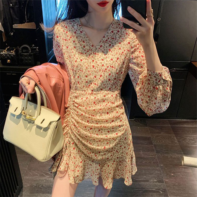 Spring and autumn and winter high waisted Chiffon new style temperament goddess fan small skirt Mori slim long sleeve floral Jumpsuit