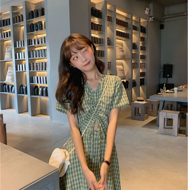 Green dress women's new summer long super fairy small fresh waist show thin temperament forest department student long skirt