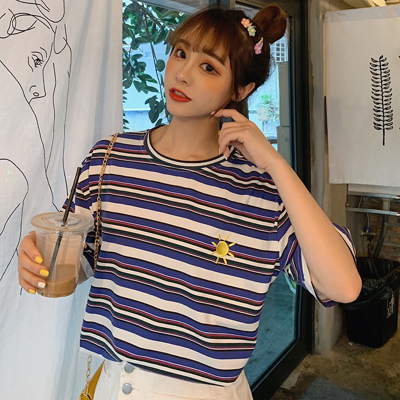 Real shot summer net red wind loose stripe embroidered short sleeve T-shirt retro casual couple versatile top girl