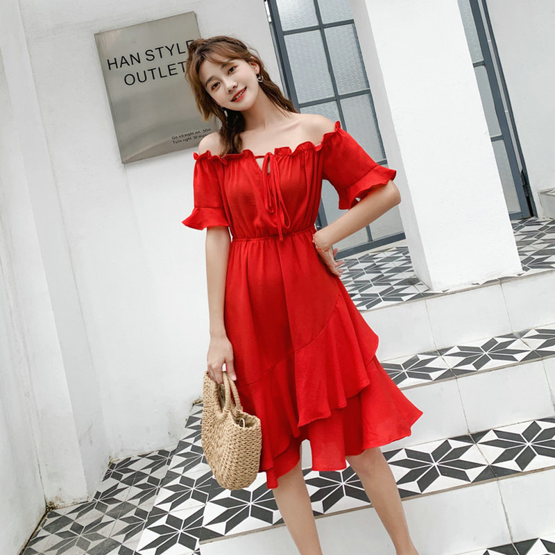 Chiffon solid off shoulder one shoulder dress new women's summer slim sexy Ruffle cake skirt