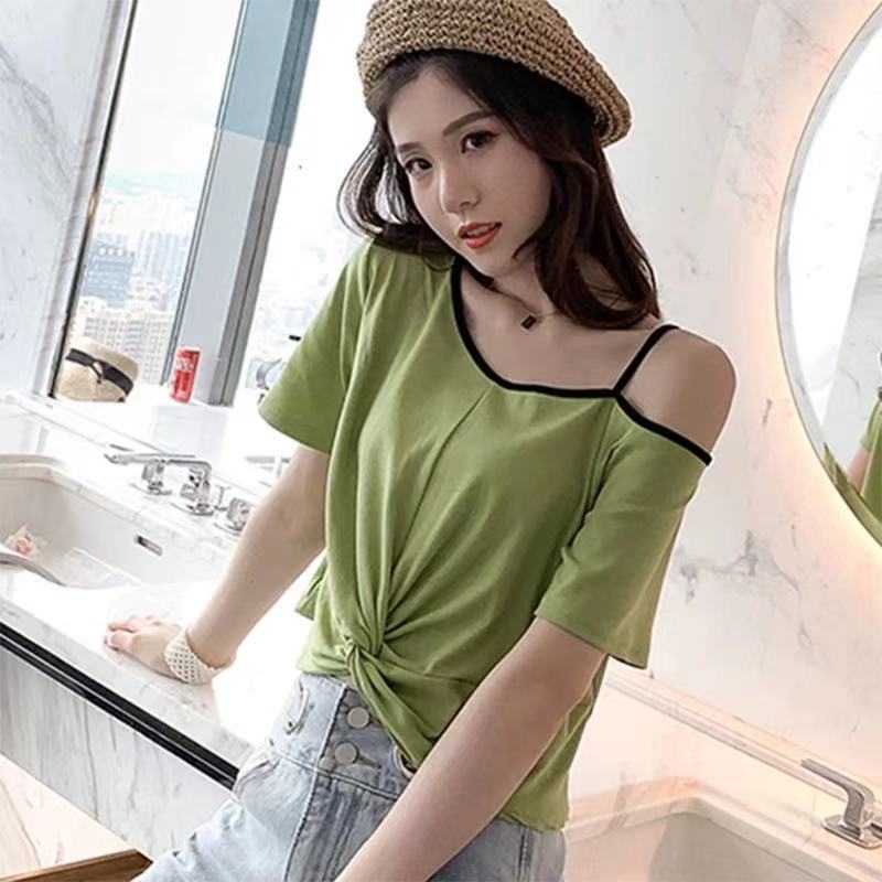 Xinji off shoulder T-shirt short sleeve summer new kink design short cotton top cotton