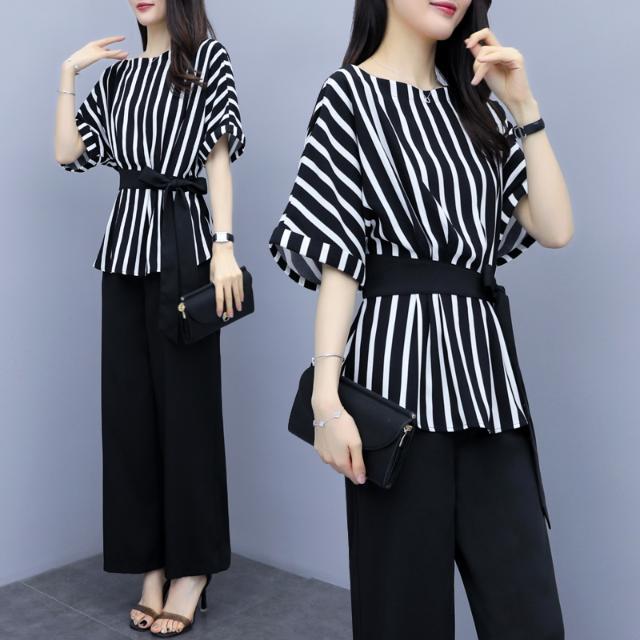 Large size women's fat summer new foreign style suit fat women's belly covered chiffon shirt wide leg pants casual two piece set