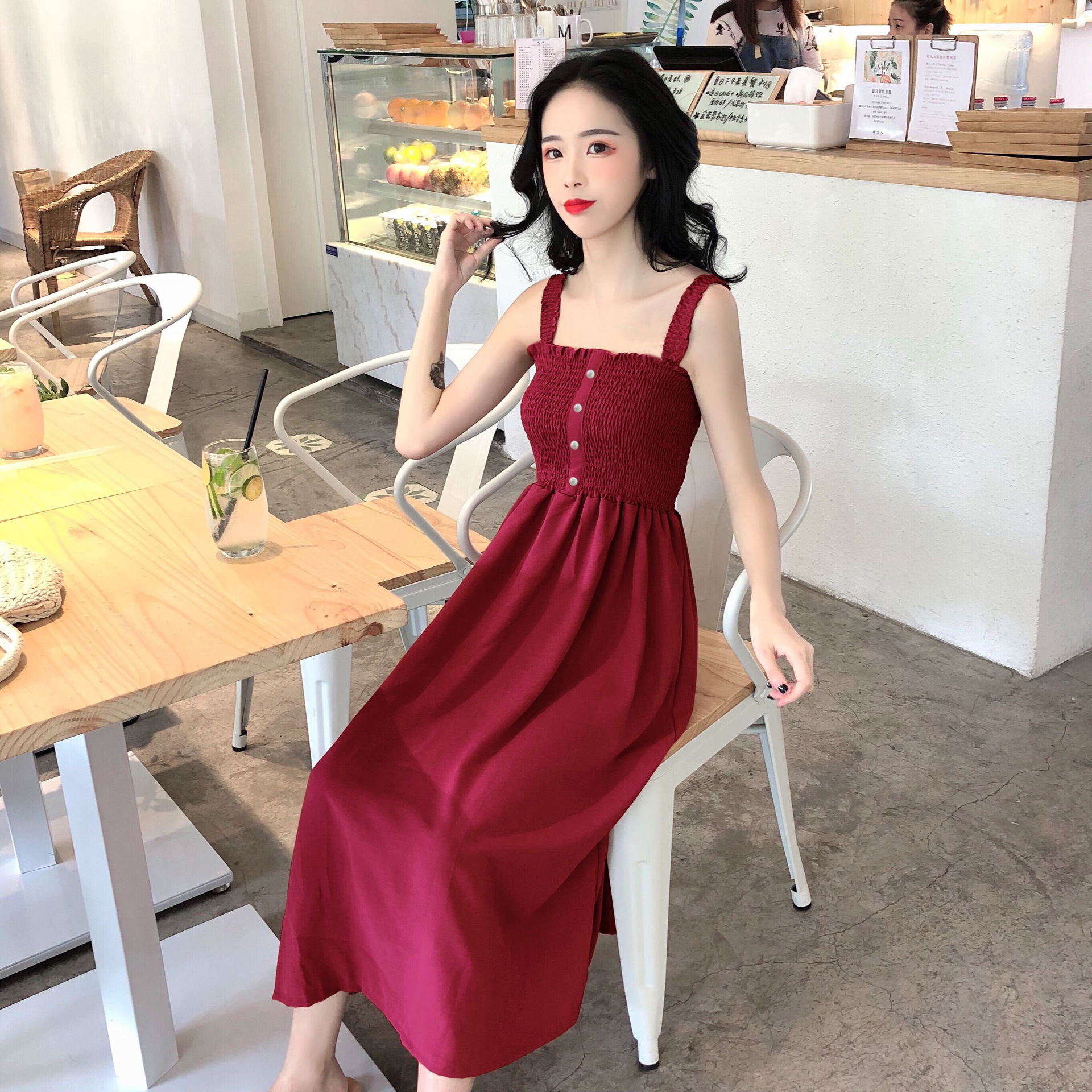 Spring and summer dress new style, versatile, ear edge pleated slim, strapless suspender, medium length Chiffon Skirt