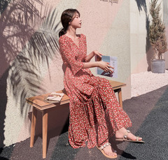 Mid sleeve floral dress new summer chiffon long skirt in spring