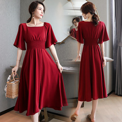 Wine red dress with square collar and waist over knee long skirt