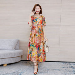 Ice silk dress women's summer new loose size waist shows thin temperament mother's thin Floral Dress