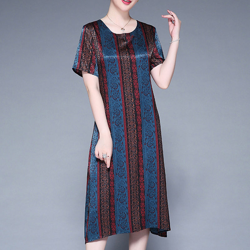 Mom summer 2020 short sleeve print dress middle aged and old women's wide lady ice silk print loose skirt