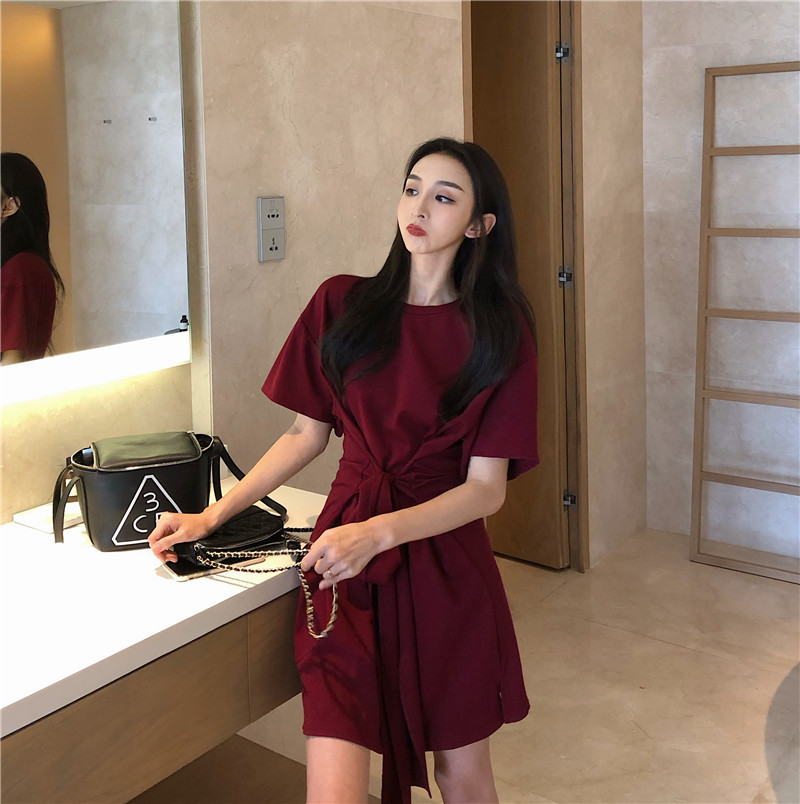 Official picture bow tie retro skirt waist strap shows thin short sleeve dress