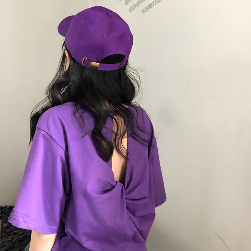 Summer women's wear Korean loose and versatile care machine short sleeve purple T-shirt sexy open back 5-sleeve T-shirt