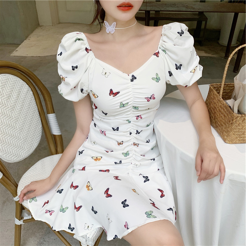 Summer Korean collar pleated Bubble Sleeve Ruffle Skirt with thin waist and purple butterfly print dress