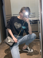 網紅韓版寬鬆百搭時尚大碼中長款重工燙鑽短袖恤棉