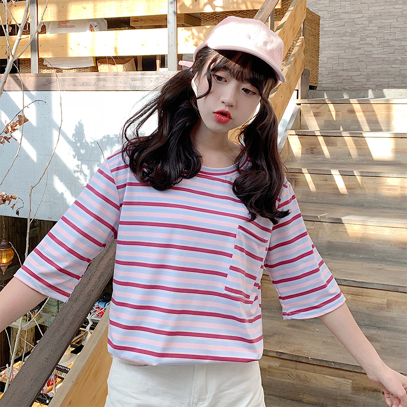 Real shot summer loose short sleeve T-shirt student girl stripe retro Hong Kong flavor Ke double mill