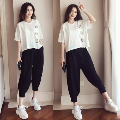 Large size women's fat Pants Set summer new loose and thin short sleeve Harem Pants two piece set