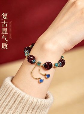 2.新中式 石榴石珠球手串 景泰蓝烧蓝配天河石 复古百搭手链