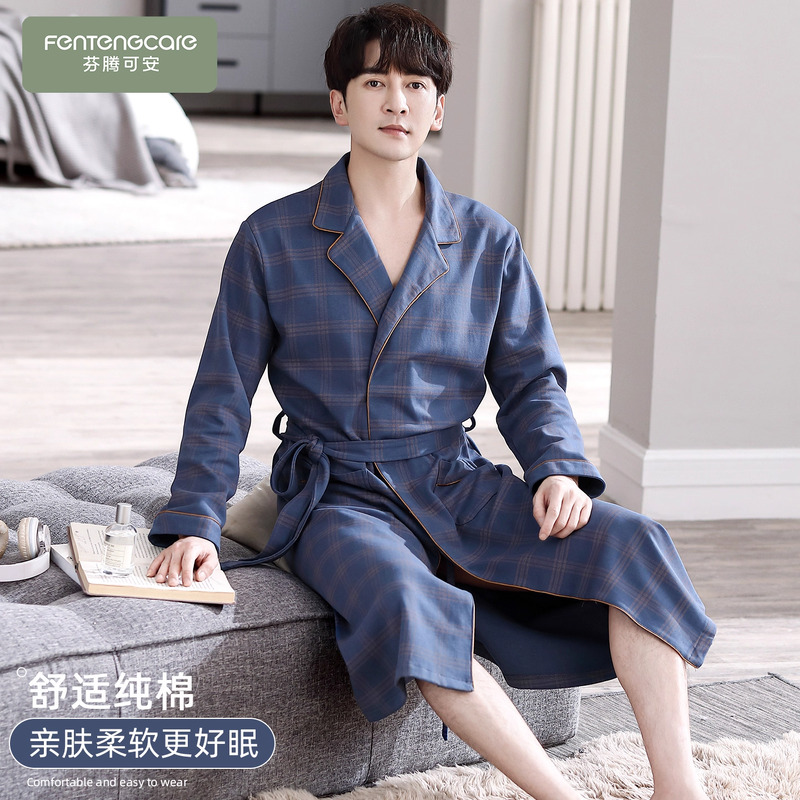 中长款纯棉中长款睡袍男士睡衣