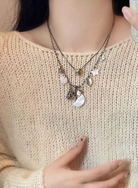 中古项链女高级设计感小众百搭双层月亮锁骨链复古中式颈链潮项链