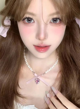 法式浪漫粉色爱心蝴蝶结仿珍珠项链女设计感甜美纯欲颈链锁骨链