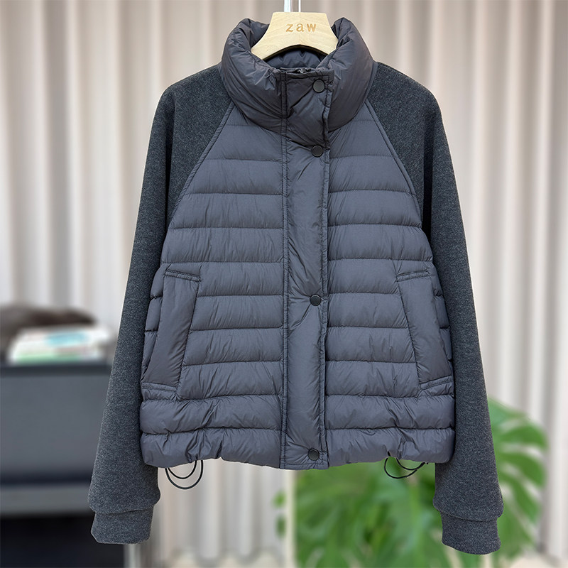 zaw大码女装拼接立领短款羽绒服胖mm毛呢插肩袖宽松遮肉冬季外套