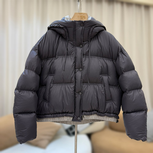 大码撞色拼接连帽羽绒服女短款