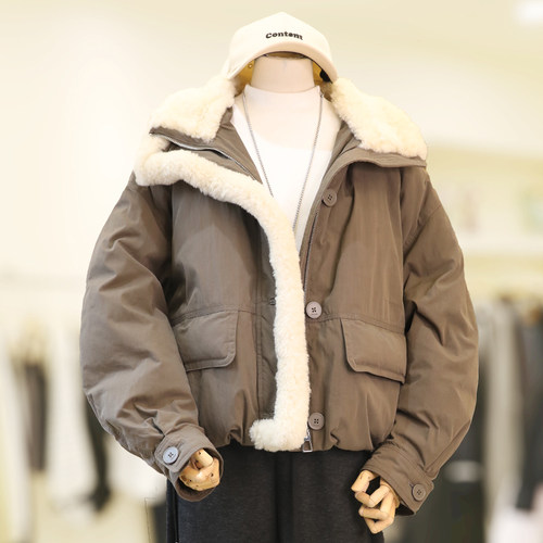 大码冬装拼接羊羔毛羽绒服女