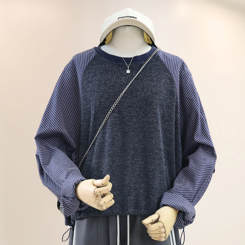大码条纹衬衫袖拼接长袖毛衣女