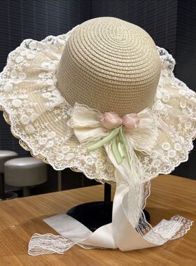 新款蕾丝草帽海边lolita帽子甜美波浪草帽森系田园遮阳沙滩帽