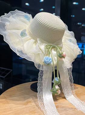 新款lolita蕾丝花边草帽装饰夏日仙气飘飘大头围旅游海边打卡照