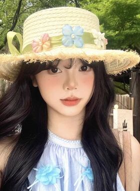 田园风拉菲草编织帽遮阳帽女夏季花朵度假海边大檐遮阳帽多巴胺
