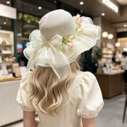 法式甜美双层蕾丝花朵蝴蝶结草帽夏季新款出游百搭海边沙滩遮阳帽