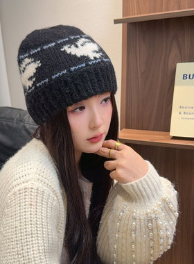 复古小鸟提花加厚保暖针织帽女
