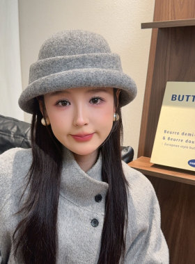秋冬羊毛盆帽女赫本风百搭