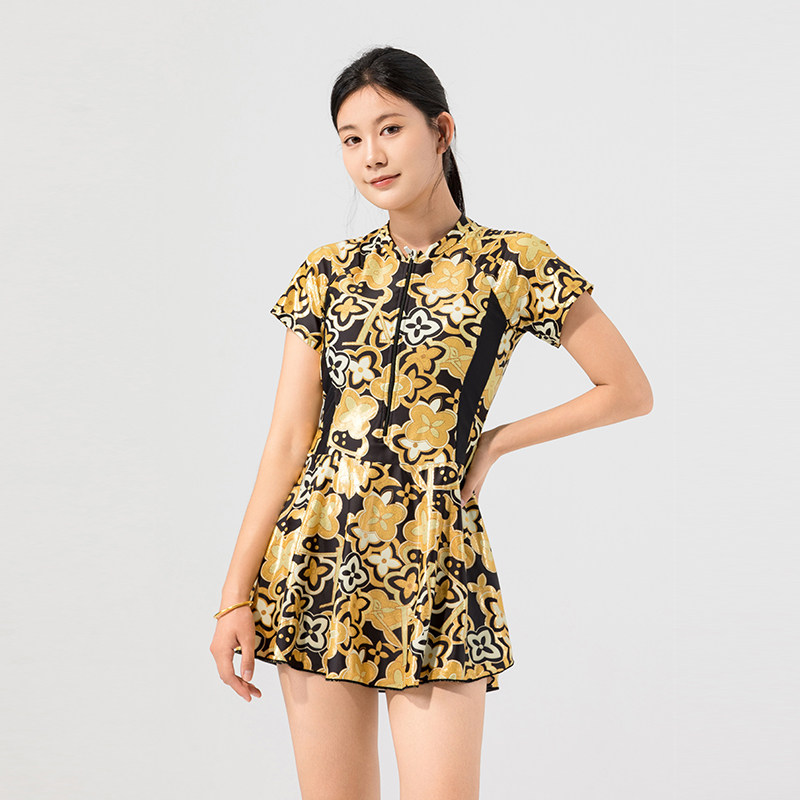 时尚印花分体泳衣女短袖连体裙式泳装夏日花园风气质新款鎏金订制