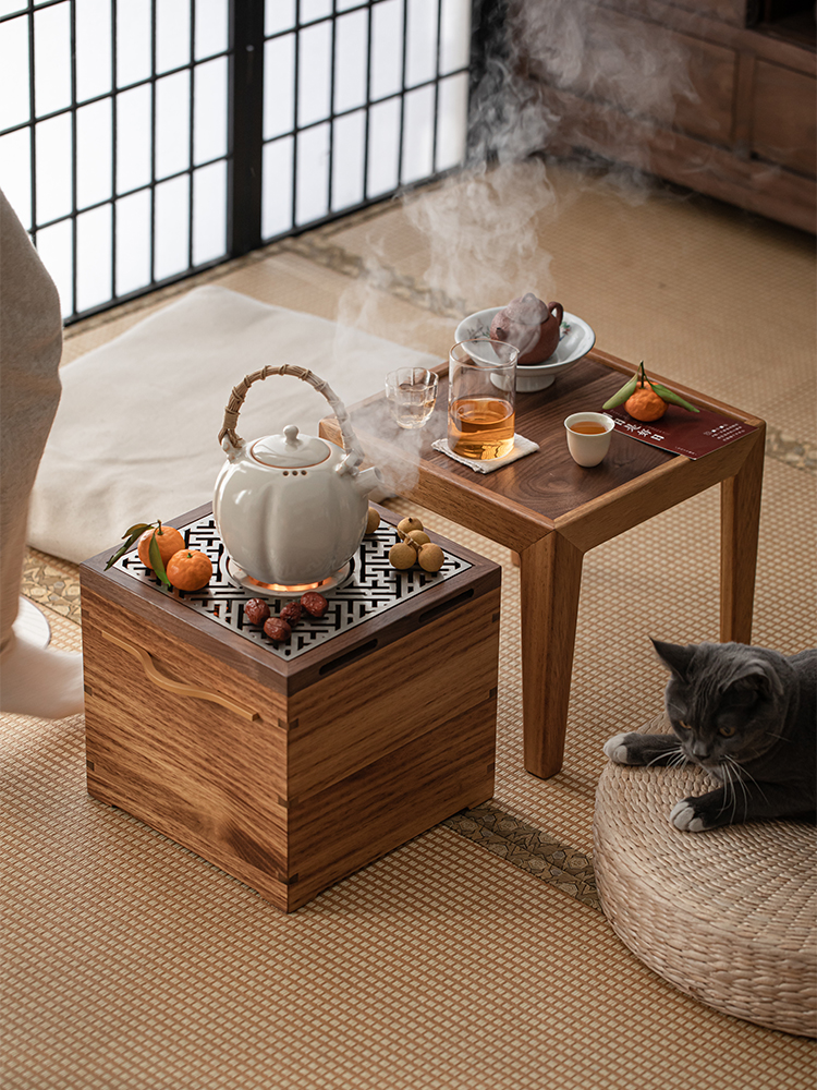 惊蛰 胡桃木围炉煮茶炭火茶桌茶几实木家用茶台方形桌茶室泡茶台