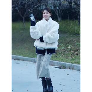 现货许我耀眼赵露思许妍同款穿搭衣服白色毛绒绒皮草外套保暖上衣