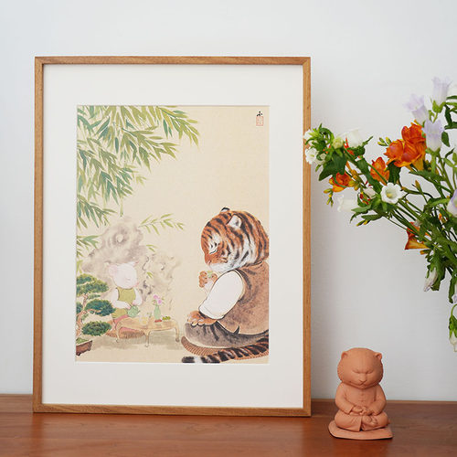 一二山 虎猪喝茶 皇小小原创水墨虎新中式客厅书房玄关装饰画挂画