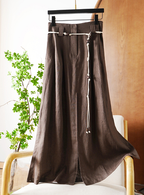 2025新款气质高腰半身裙纯亚麻A字裙高端纯色开叉腰带复古中长裙