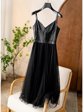 断码特价小黑裙真皮黑色吊带优雅连衣裙中长款拼网纱大摆裙礼服裙
