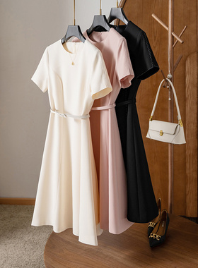 法式优雅~立体剪裁收腰显瘦明线装饰醋酸连衣裙小A字裙中裙 春夏