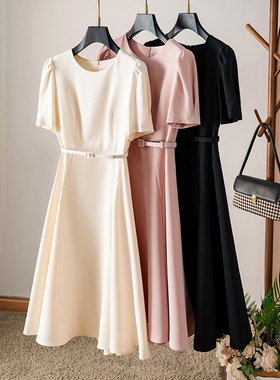 高雅通勤~立体剪裁修身显瘦泡泡袖醋酸气质连衣裙中长大摆A字裙夏