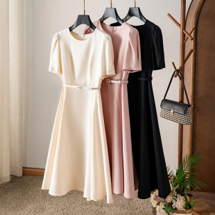 醋酸气质连衣裙中长大摆A字裙夏 显瘦泡泡袖 高雅通勤 立体剪裁修身