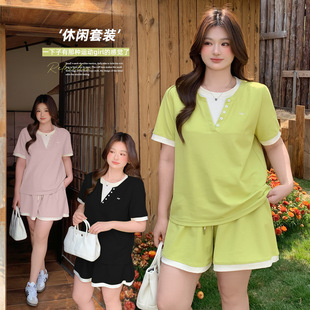 宽松休闲两件套短袖 大码 新款 2026夏季 女装 减龄运动girl撞色套装