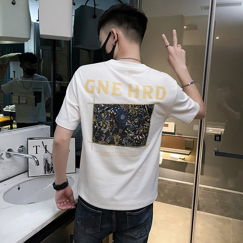 夏季t恤男装短袖半袖潮流圆领时尚休闲快手潮牌个性修身刺绣体恤