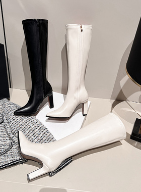 尖头高跟长靴女2023年秋新款白色皮面弹力瘦瘦靴不过膝粗跟高筒靴