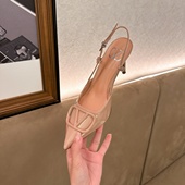 粉裸色高跟鞋 尖头V家V扣一字后空包头凉鞋 女2025年夏法式 细跟单鞋