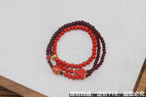 男女女款单圈多宝手串串珠三圈手链原创设计设计款天然酒红石榴石