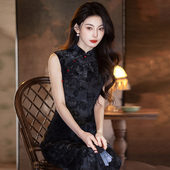 国风新中式 女高级感夏季 长款 年轻款 改良旗袍2026新款 黑色掐腰无袖