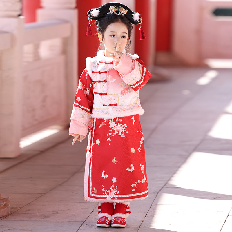 女童年服连衣裙冬装儿童汉服古装冬季中国风加绒小女孩古风格格服
