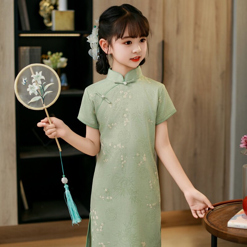女童旗袍棉麻短袖新款夏季高考送考新中式国风小女孩连衣裙日常穿