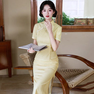 长款 夏季 改良旗袍2026新款 女高级感复古短袖 年轻款 黄色国风新中式
